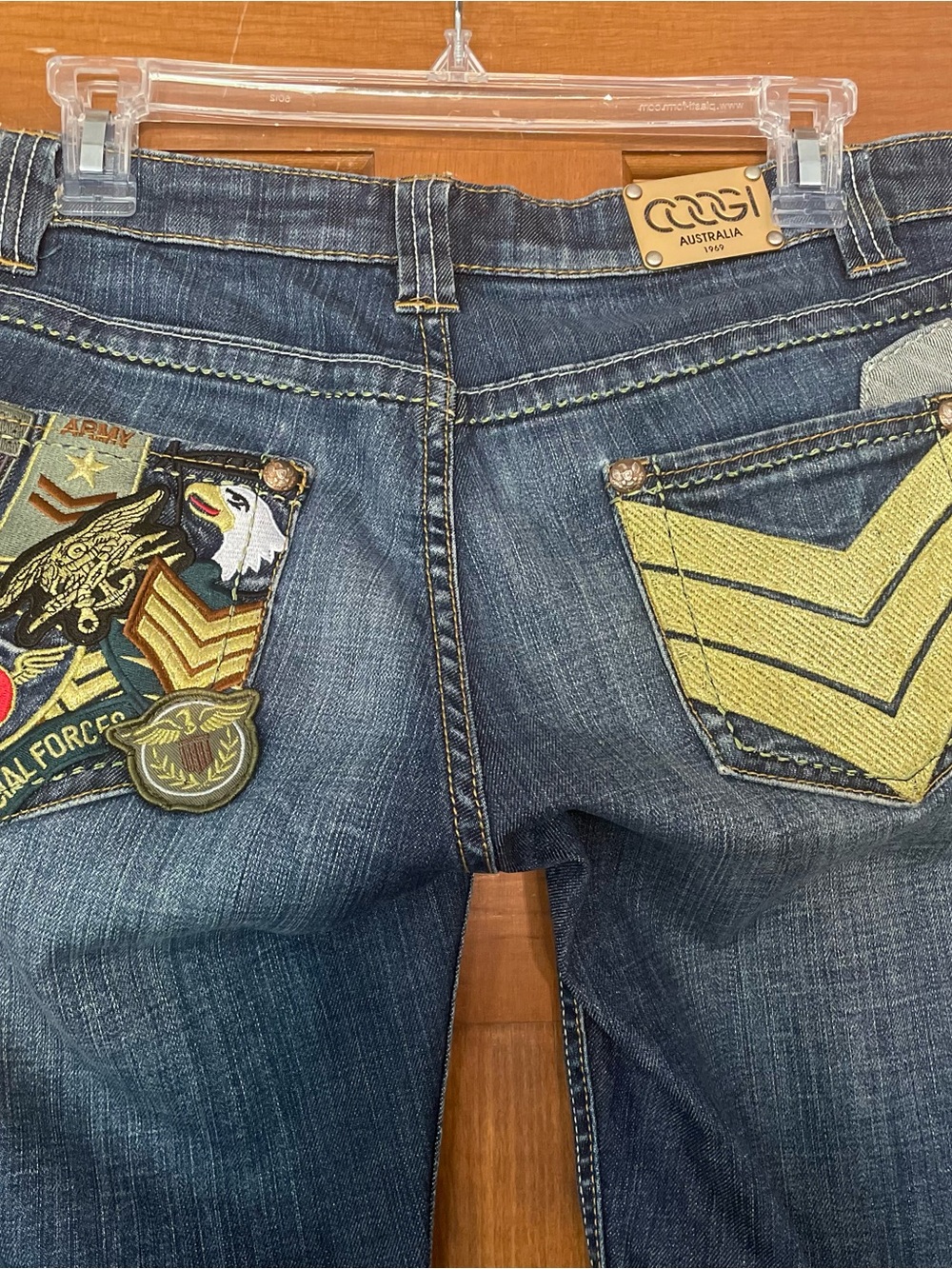 COOGI Juniors Blue Jeans w/ Embroidered Yellow and Eagle Patch Accents, Size 7/8